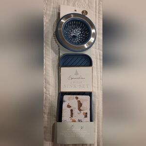 Spruce Lane 3 Pc Kitchen Blue Sink Strainer, Printed Sponge & Silicon Tray ,New